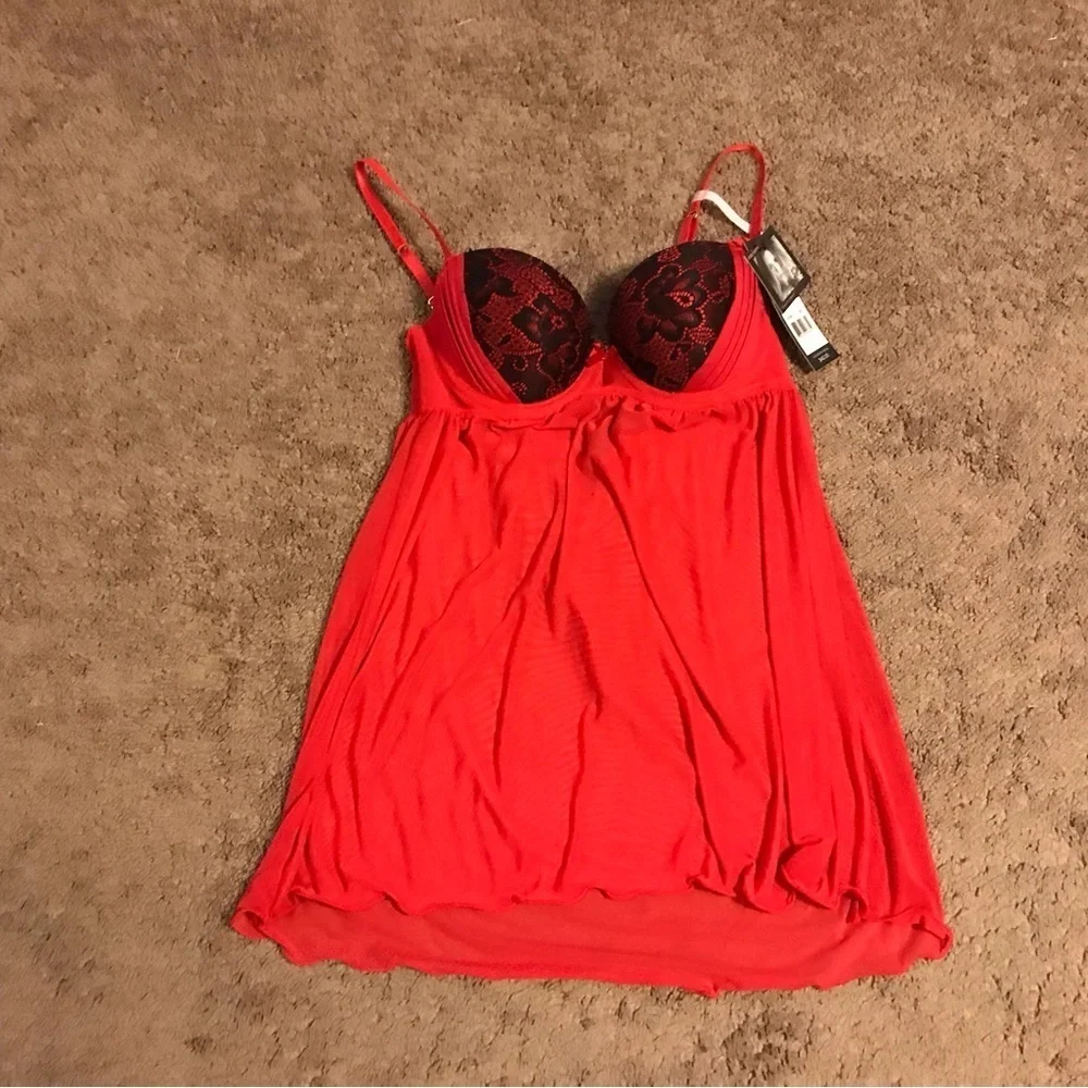 NEW Daisy Fuentes Babydoll Push up Bra set  size Large Red Intimates Sheer Ling